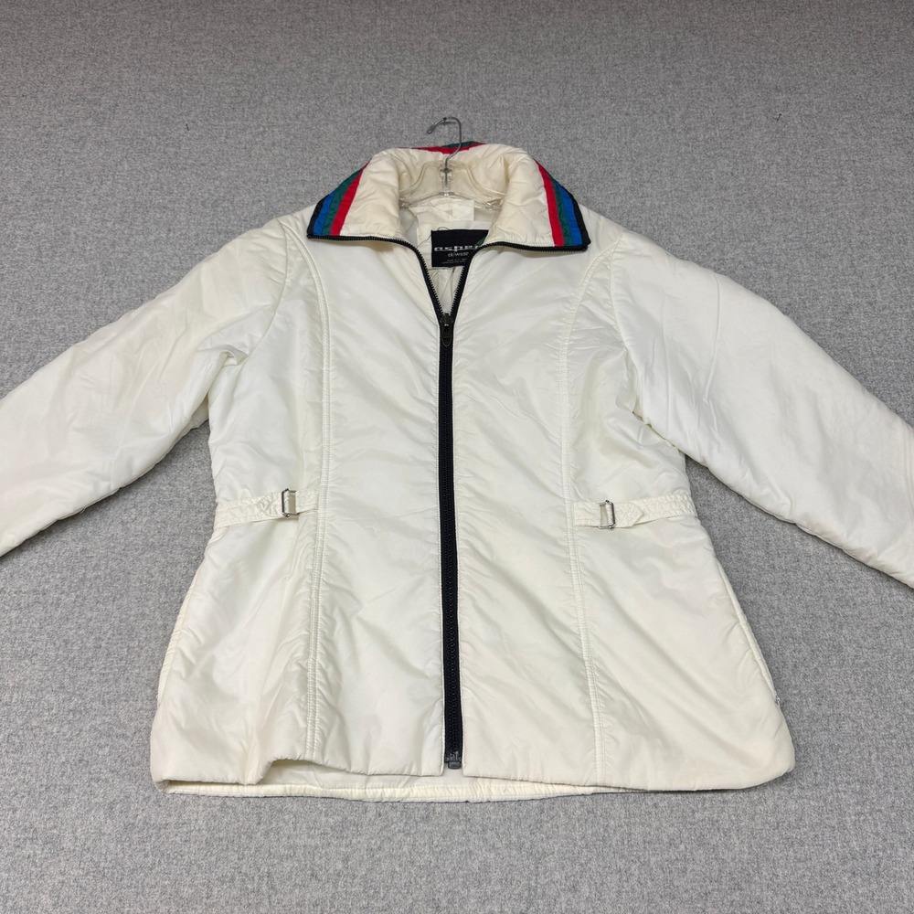 Aspen Skiwear Vintage Puffer Jacket Large White Retro Striped Collar Talon Zip